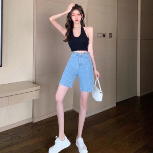 High Waist Denim Shorts Women Summer Mid-Length Straight Leg Patterned Slimming Five-Point Pants Metal Processed Fabric