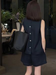 YUFUQING | Summer Outfit Set Elegant Royal Blue Sleeveless Vest Shirt Casual Elastic Waist Shorts Two Piece Set Women Polyester Fiber
