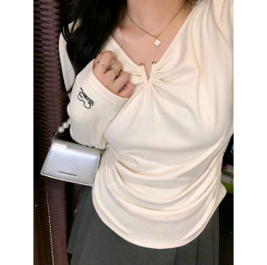plus Size Womens V-Neck Long Sleeve T-Shirt Waist-Cinching Base Layer Innerwear Outerwear High-End Design Sensation Fashionable Top