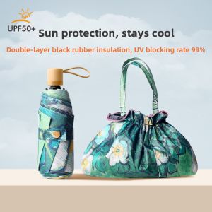 MONLEYTA | Double Flower Folding Sun Umbrella Womens Hand Drawn Illustration Compact Portable Five Fold Sunny Rain Two Use Foldable Sunscreen Umbrella