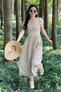 French Pastoral Doen Same Style Oil Painting Feeling Fresh Floral Ruched Square Collar Puff Sleeve Fairy Long Dress