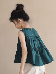 Childrens Summer Clothing Japanese Style Small Shirt Girls Dark Green Doll Shirt Medium and Large Girls Cotton T-shirt Vest Western Style Top