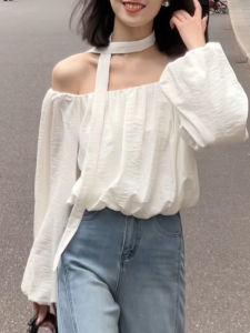 Milk White One-Shoulder Long Sleeve T-Shirt Womens Style 2025 New Spring Youthful Bubble Sleeve Anti-Aging Top