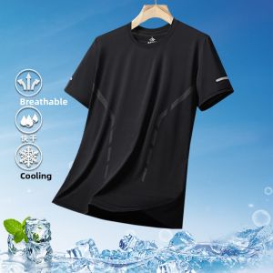 Ice Silk Quick Dry Short Sleeve Mens T-Shirt Fitness Sport Loose Fit Summer Running Top Youth Fashion Polyester Fiber