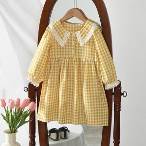 Bear Leader | Autumn Girls Fashion Long Sleeve Turn-down Collar Checkered Printed Dress 1 Pc 3-7 Years Kids Casual Clothes