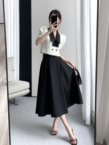 Summer Black White Bubble Sleeve Womens Set Short Top High-End Feeling Anti-Aging Half-length Umbrella Skirt Two-piece Set