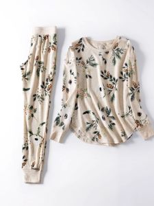 Export Original Spring and Autumn Womens Knitted Waffle Print Pajamas Home Wear Long Johns Set Loose plus Size