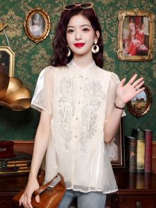Elegant Chinese Style Short Sleeve Embroidered Shirt Women Summer 2025 New Design Glittering Fairylike Top Commute Loose Fit