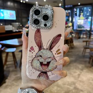 Cute Cartoon Rabbit And Cat Phone Case with Stand Diamond Frame Lens Film Protection Cover for Apple Series iPhone 16 Promax