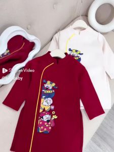 Áo dài tết Thần tài bé trai màu đỏ trắng 10kg - 22kg