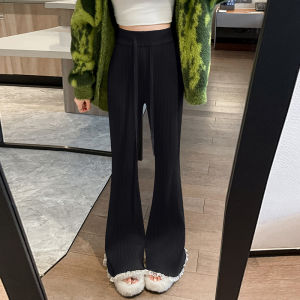 High Waist Slim Fit Lace Knitted Wide Leg Pants Casual Drapey Micro Flared Trousers for Women Autumn Winter Loose Comfortable Long Pants