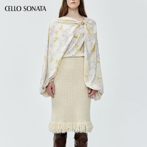 Cello Sonata | Elegant Loose Design Silk-like Printed Top with Dangling Gold Beads