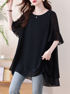 DAIXIANGFEIZI | Chiffon Summer Loose Mid-long Stylish Large Size Short Sleeve Shirt