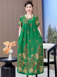 ชุดเดรสยาวปานกลางผ้าไหมคอตตอนสไตล์วันหยุดใหม่ไซส์ใหญ่สำหรับคุณแม่วัยกลางคน ชุดเดรสยาวปานกลางสไตล์ชาติพันธุ์