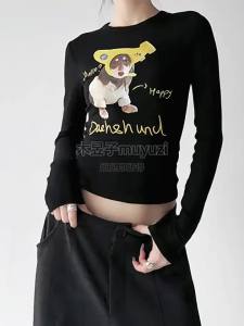 MUYUZI | Slim Fit Retro American Puppy Print Top
