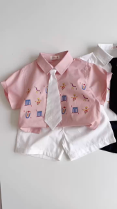 Set sơ mi 3CT Little Charm cho bé trai áo sơ mi và quần short kèm cà vạt 9 tới 28kg BERNIE T0326B31