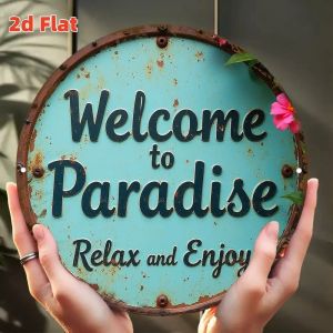 Welcome to Paradise Turquoise Round Aluminum Sign Vintage Beach House Indoor Outdoor Wall Decor