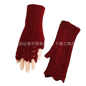 Stylish Women Autumn Winter Short Fish Scale Knitted Fingerless Gloves Warm Wrist Guard Sleeve Wool Blend Hollow Out Breathable