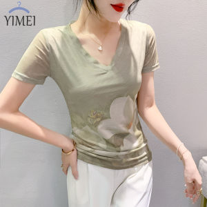 Yimei Áo thun lưới cổ chữ V tay ngắn trưng bày dáng ôm Mới Mùa Hè 2023 áo khoác ngoài đa năng cho nữ áo nhỏ hàng đầu phong cách nước ngoài