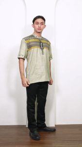 (BONUS DUS) Baju Koko Pria Dewasa Terbaru Lengan Pendek Songket Warna MOERBA 19D243528 Sage Kancing Atas