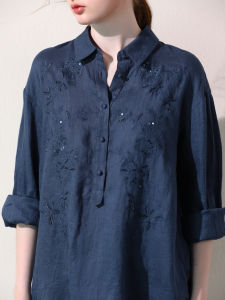 Miccbeirn | เสื้อเชิ้ตแขนยาวผ้าลินินแท้ปักลายประดับเลื่อมสุดหรู สไตล์ลำลอง สวมใส่สบาย สำหรับผู้หญิงวัย 30-34 ปี