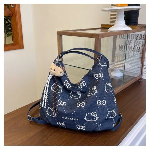 Sanrio Hello Kitty Large Capacity Canvas Tote Bag Y2K Zippered Shoulder Travel Shopping Bag for Women Casual Girl Christmas Gift