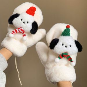 HUIHEYU Christmas Puppy Plush Mittens Thickened Neck Hanging Winter Gloves Kawaii Keep Warm Full Finger Mittens Ladies