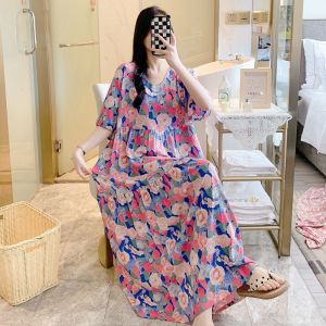 Summer Long Silk Cotton Pajama Womens Dress Outdoor Wearable French Style plus Size Artificial Cotton Holiday Beach Home Clothes