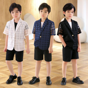 lontakids 2 Chiếc (Áo Khoác + Quần)/3 Chiếc (Áo Khoác + Quần + Áo Phông) Trang Phục Tuxedo Cho Bé Trai Trang Phục Trang Trọng Tay Ngắn Blazer Kẻ Ca Rô Cho Trẻ Mới Biết Đi Bộ Quần Áo Cho 2-14 Tuổi