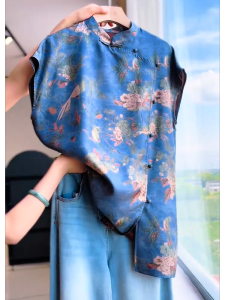QINGNAER | Chinese Style Floral Print Womens Short Sleeve Shirt