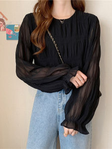 Áo Sơ Mi Chiffon Xếp Ly Tay Áo Dài Mùa Thu Dáng Rộng Thoải Mái Phong Cách Hàn Quốc Cổ Tròn Màu Trơn Tay Áo Phồng