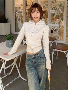 สไตล์อเมริกัน เสื้อฮู้ด ผู้หญิง สั้น เสื้อโค้ท พรางหุ่น สาวเซ็กซี่ ซิป คาร์ดิเกน แขนยาว โพลีเอสเตอร์ ไฟเบอร์ ฤดูใบไม้ร่วง สินค้าใหม่