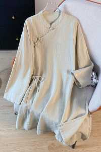 High-End Japanese Style Cotton Linen Shirt with Buttoned Collar Chinese Style Mid-Length Tea Costume Stand-Up Collar Trendy Top