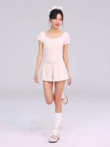 daydance | Women Ballet Leotards Square Collar Puff Sleeve Ballet Dance Bodysuit Adult Mesh Splicing Gymnastic Leotard