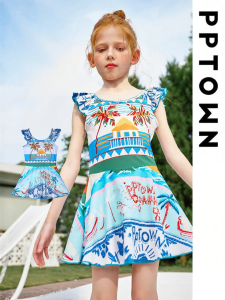 PPTOWN | Sleeved Sun-Protective Dress Style Girls Swimsuit