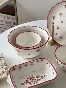 Red Lace Underglaze Ceramic Dinnerware Set Floral Pattern Sugar Miss Ins Retro Style Four-Piece Dining Utensils Korean Style