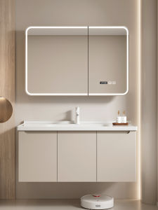 Accessible Luxury Cream Style Solid Wood Smart Bathroom Cabinet Combination Sanitary Washroom Ceramic Whole Washbin Hand Washing Wash up Sink Cabinet