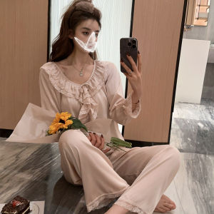 ชุดนอนผ้าไหมสองชิ้นสำหรับผู้หญิง ฤดูใบไม้ผลิและฤดูร้อน ชุดนอนสไตล์เจ้าหญิง ขอบลูกไม้ หวานและเซ็กซี่ ชุดนอนผ้าไหม