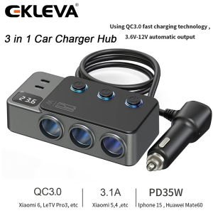 EKLEVA 120W Fast Car Charger Adapter 3 USB Socket 12V 24V PD QC3.0 Car Lighter Splitter With Voltage Display Multifunctional