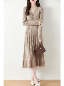 Elegant V-neck Pure Wool Long Knitted Dress Women Slimming A-line Base Sweater Dress High Waist Autumn Winter Fashion