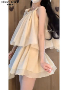 Summer Beach Vacation Style Loose Waist Skirt Pants Set Womens Pure Color with Ribbon Butterfly Knot Folded Top Slimming