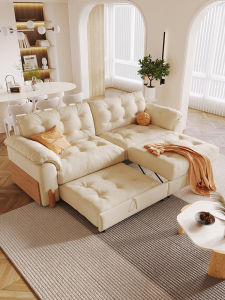 Japanese Style Wooden Creamy Fabric Sofa Bed Foldable Dual Purpose New 2025 Small Size Real Wood Cloth Art Cloud Sofa