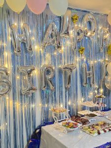 Golden Birthday Party Background Wall Decoration Laser Tinsel Curtain Holiday Wedding Atmosphere Layout Ribbon Blue Tassel