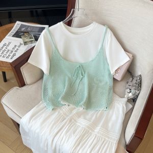 Áo Thun Tay Ngắn Màu Xanh Nhạt Áo Thun Hai Mảnh Áo Thun Nữ Cỡ Lớn Áo Thun Mùa Hè Áo Thun Cổ Tròn Tay Ngắn Áo Thun Phong Cách Hàn Quốc