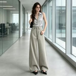 Women Milk Gray Light Apricot High Waist Casual Pants Summer Structured Wide Leg Denim Jeans
