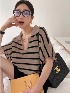 Ice Silk Polo Neck Knitted T-Shirt Women Summer Short Sleeve V Neck Pullover Top Stripe Pattern Loose Fit Commute Style