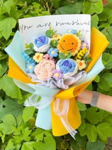Hand Knitted Sunflower Rose Mixed Fake Flower Bouquet Graduation Gift for Best Friend Birthday Surprise Flower Decorations