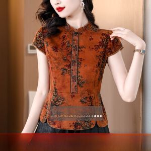 Chinese Style Stand Collar Silk Shirt Ladieswear Short Sleeve Womens Summer Clothes New Arrival Waist Tight Shirt Xiangyun Yarn Tang Suit Upper Clothes