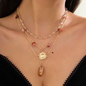 Ingemark 3Pcs/Set Boho Creative Crystal Sun Flower Pendant Choker Necklace for Women Vintage Alloy Stone Chain Y2K Jewelry Gift