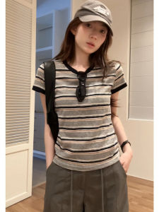 YUEZHONGWEI | Color-blocking Stripe Round-necked Short-sleeved Slim T-shirt Basic Top